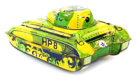 A child's tin plate toy tank with clockwork action, marked HP8, 7cm high. (lacking key)