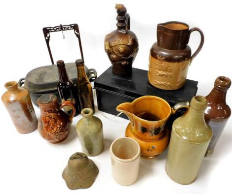 Various stoneware bottles and effects, a tin storage box, two coloured stoneware jug, porter's style bottle, 28cm high, other stoneware, metal storage pot with lid, etc. (a quantity)