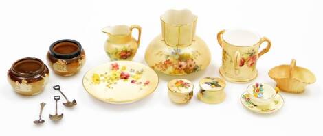 Various Royal Worcester blush ivory ware, to include a tyg of cylindrical form painted with summer flowers, 7cm high, a similar decorated vase, various other similar items, Worcester jug with beak spout, etc. (a quantity)