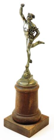 An early 20thC chrome plated car mascot, on a cylindrical oak plinth with square base formed as a classical figure, unmarked, 31cm high.