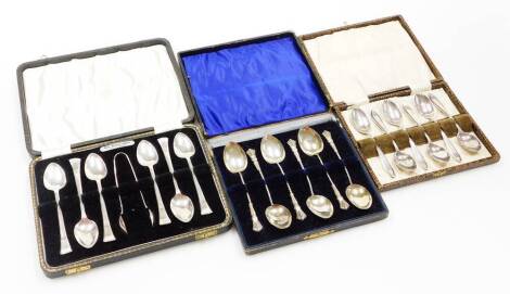 A set of George VI silver teaspoons and sugar bowls, each with shaped stems and plain bowls, Sheffield 1939, each spoon 12cm wide and two further sets of silver spoons, 6.5oz all in. (3 sets)