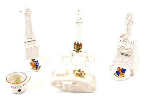 Various crested china, an unusual Fielding's Gest-A-Po Hitler Violation Of Poland chamber pot, 4cm high, Dore Arcadian tank, Caister On Sea lifeboat memorial, etc. (a quantity)