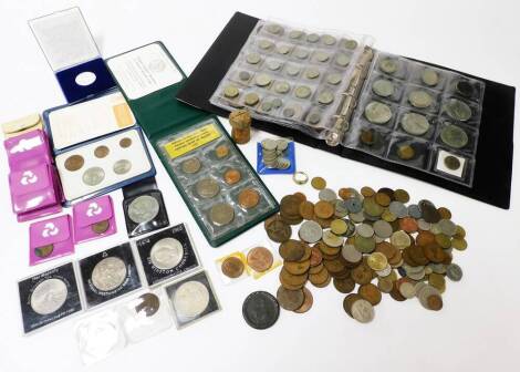 Various coins, collectable and others, cased crowns, Britain's first decimal coin set, various farthings 1850's and later, various half pennies, other denomination, 3d bits, various other coins, dress ring, various other items, etc. (a quantity)