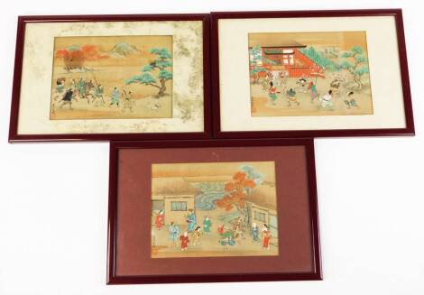 A set of three Japanese woodblock prints. Depicting a dancer with drum in a village; a mounted horseman with escort on a hunting trip; musicians and dancers celebrating beside a pavilion, 22cm x 18cm, each signed and sealed lower left, Meiji period.