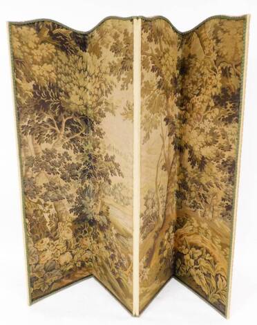 An early 20thC three fold screen, embroidered and overstuffed in floral material, predominantly in red and cream, 183cm high.