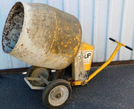 A electric cement mixer, on a wheeled base, in yellow.