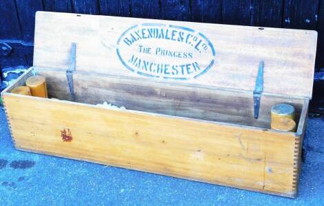 A pine cased Baxendale and Co, The Princess Manchester part croquet set, to include mallets 101cm wide, balls, stick, etc., in pine case. (a quantity)