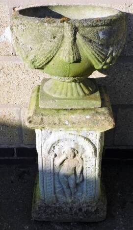 A late 20thC classical design planter, of circular form, on a square base with a separate plinth raised with classical figures, 87cm high, the planter 39cm diameter.