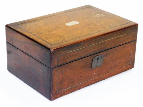 A 19thC rosewood jewellery box, of rectangular form with mother of pearl inlaid top and fitted interior, 12cm high, 25cm wide, 20cm deep.