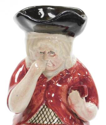 An early 19thC female snuff taker Toby Jug, in standing pose, polychrome decorated with a striped skirt, pink waistcoat and black tricorn hat, on a sponge base, Portobello style, circa 1840, Harland collection number 65 label, various other Sotheby's and - 3