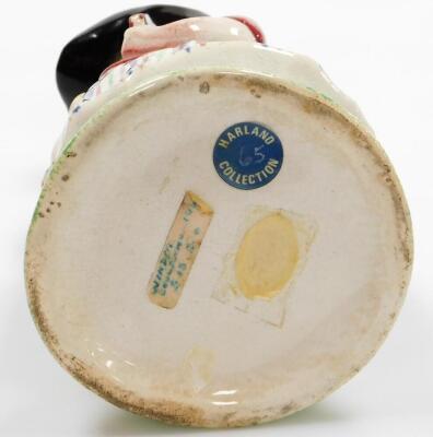 An early 19thC female snuff taker Toby Jug, in standing pose, polychrome decorated with a striped skirt, pink waistcoat and black tricorn hat, on a sponge base, Portobello style, circa 1840, Harland collection number 65 label, various other Sotheby's and - 4