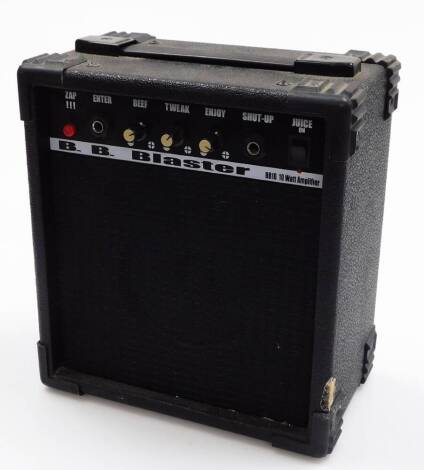 A BB blaster BB10 10 watt amplifier, with speaker front and upper carrying handle in black colour way, 27cm high.