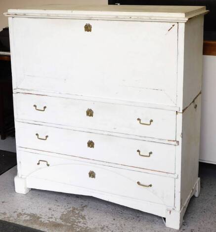 A late 19thC painted pine Empire style secretaire, of rectangular form, the upper section with a fall, above three long drawers, on an inverted block base, with brass garland escutcheons, and plain swan neck handles, 126cm high, 120cm wide, 58cm deep.