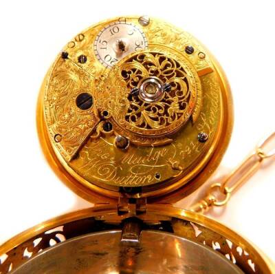 A George III gold pair cased pocket watch, open faced, key wind, white enamel dial bearing Roman and Arabic numerals, fusee verge striking movement by Thomas Mudge & William Dutton, signed and numbered 721, case with rococo pierced foliate decoration, wit - 5