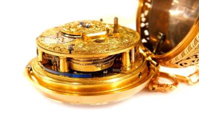 A George III gold pair cased pocket watch, open faced, key wind, white enamel dial bearing Roman and Arabic numerals, fusee verge striking movement by Thomas Mudge & William Dutton, signed and numbered 721, case with rococo pierced foliate decoration, wit - 6