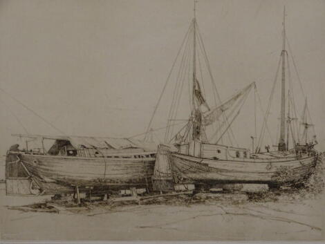 Michael Chaplin (American). Two Dutch Barges, etching, first state Proof, 35cm x 45cm.