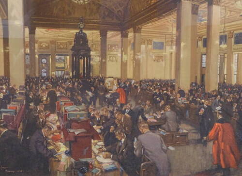 •After Terence Cuneo (British 1907-1996). The Underwriting Room at Lloyds, lithograph, 44cm x 59cm.