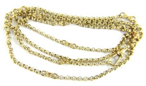 A 9ct gold longuard chain, with belcher links and larger modern twist/cross link breaks, with single clip clasp, 98cm long overall, 26.1g.