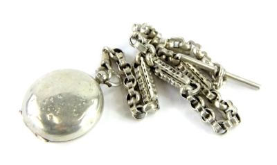 MS231120 - A silver watch chain and case, the chain of multi layered link form, with small circular silver locket, 41g all in.