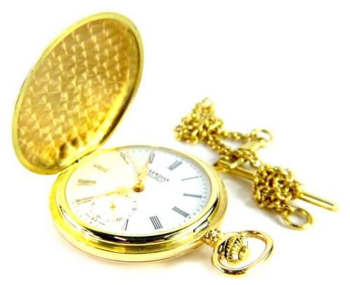 A Sewills of Liverpool 18ct gold hunter pocket watch, with white enamel dial, gold scrolling hands, seconds dial, in plain gold casing, the dial 4cm diameter, 89.5g all in, with a gold plated watch chain, and retailer's box.