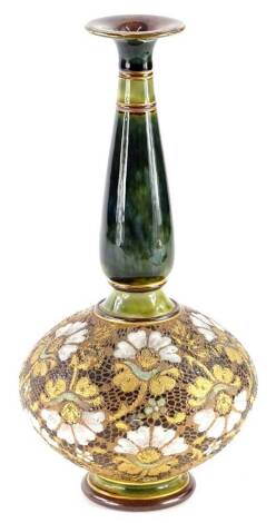 A Royal Doulton Slaters patent bottle shaped vase, with a mottled green glaze to the neck, and a typical scaled gilt and white glaze to the bulbous body, impressed mark to underside, 27cm high.