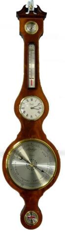 A wheel barometer and clock, by Comitti of London, in a mahogany, tulip wood, and ebony strung case, 98cm high.