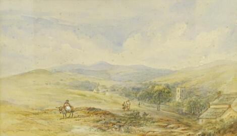 19thC School. Village landscape with figure on a donkey, watercolour, 25cm x 42cm.