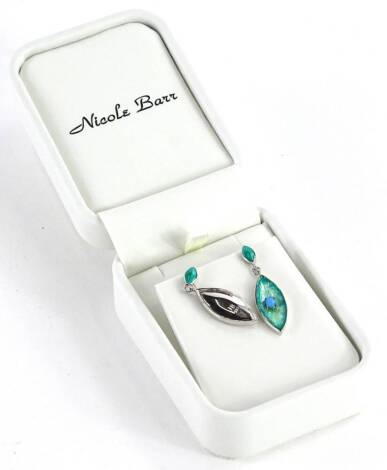 A set of Nicole Barr drop earrings, modern teardrop design with enamel decoration and small opal duplate imitation stone centre, boxed.