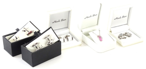 Various Nicole Barr costume jewellery, comprising four sets of cufflink's, elephants, racing cars and others, and a silver flip flop enamel necklace, boxed.