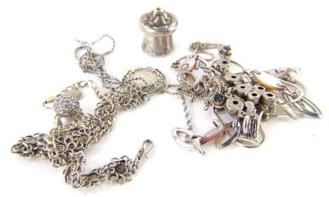 Various silver and other jewellery, comprising a silver floral pendant set with central cultured pearl, a silver and mother of pearl type necklace, a small silver salt pot, silver and blue stone set necklace, various pendants, coin chain, etc.