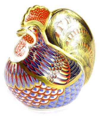 A Royal Crown Derby cockerel paperweight ornament, gilt stopper, printed marks beneath, 11cm high.