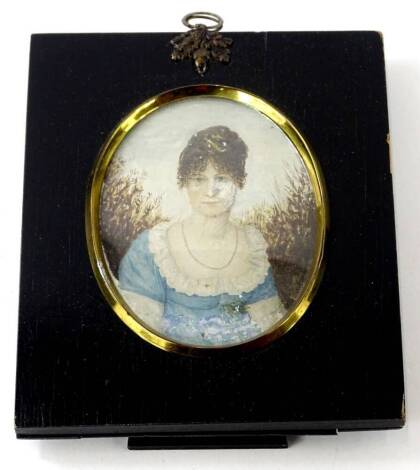 Early 19thC School. Portrait miniature lady, quarter profile, probably gouache, unsigned. (AF), 10cm x 7cm.