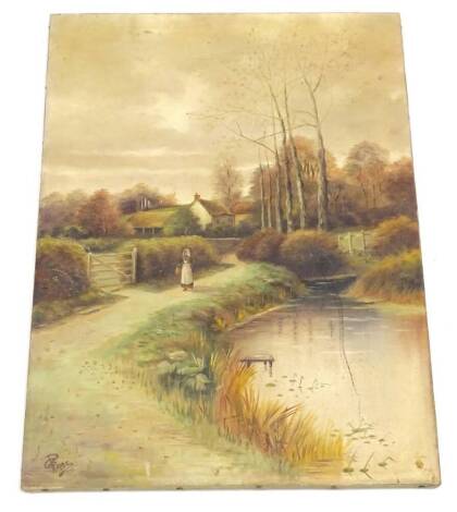 G Page. Country scene with village pond and lady beside a cottage etc., signed and dated lower left 1910, unframed, 69cm x 51cm.