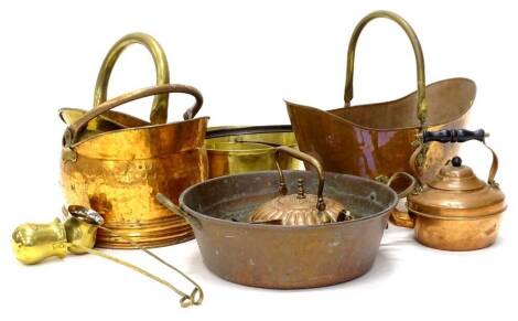 Miscellaneous metalware, to include two copper coal buckets, two handled pan, kettles, preserve pans, etc.