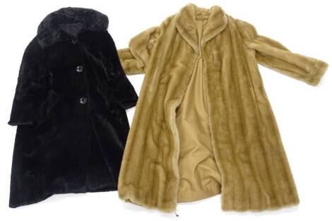 Two full length fur coats, one a dark brown fur, 113cm, the other light caramel, 122cm long.