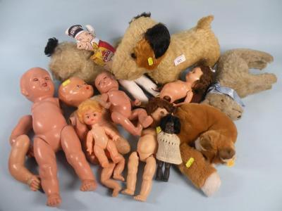 A modern Steiff fox, various composition and early plastic dolls,