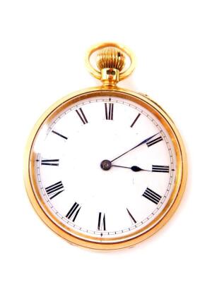 A Victorian gentleman's 18ct gold cased pocket watch by W Batty & Son, Manchester, open faced, keyless wind, circular enamel dial bearing Roman numerals, movement no 48287, with gold dust covers, the outer case of plain form, monogram engraved, London 188