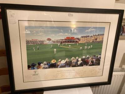 Peter Watson. Scarborough Festival, a signed limited edition print, 101/500, signed by the artist and the Yorkshire CCC Championship winning team 2001 and their opponents Glamorgan CCC, 69cm x 90cm. Value £100. NB. This lot is being sold on behalf of The