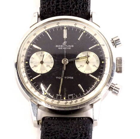 A Breitling gentleman's stainless steel Top Time 'Thunderball' chronograph wristwatch, with reverse Panda dial, engraved to the reverse 2002, shockproof, antimagnetic, waterproof, the dial stamped either side of '6' baton Swiss Made, later black leather 