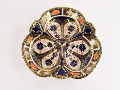 A Royal Crown Derby porcelain trefoil shaped hors d'ouvres dish, decorated with the 1128 Imari pattern, printed marks in red to underside, 27cm wide. - 2