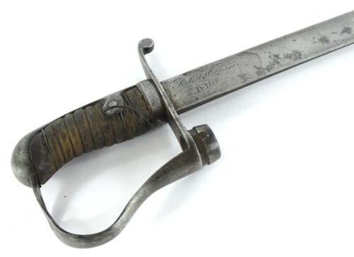 A 19thC sword bayonet, the blade engraved Robert William D.180, the guard with shaped holes, etc., (AF), 89cm long.