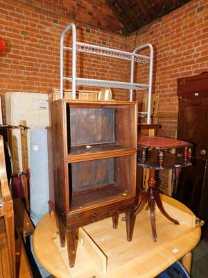 Household effects comprising yew wood side table, hardwood and marble inlaid table, two section bookcase, shoe rack and a two tier table. (5)