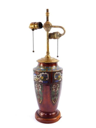 A Chinese cloisonne vase, early 20thC, converted to a twin light table lamp, 58cm high.