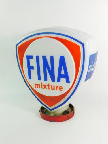 A Fina Mixture glass petrol pump globe, of shield shape, raised on a red cast iron mount, 47cm high, 42cm wide.