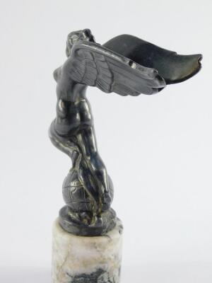 A Triumph Dolomite metal car mascot, circa 1936-38, modelled as a winged goddess kneeling upon a globe, raised on a marble base, 12cm deep. - 3