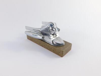 An Armstrong-Siddeley chrome plated sphynx, with jets on wings car mascot, circa 1953-58, mounted on a marble base, 15cm deep. - 2