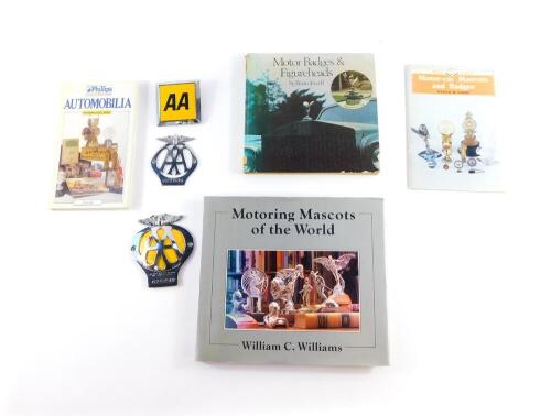 Three AA car badges, together with William C Willams, Motoring Mascots of the World., Phillips Collectors Guide to Automobilia., Brian Jewel, Motor Badges & Figure Heads, and Peter W Card. Motor-Car Mascots and Badges. (7)