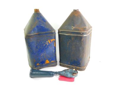 A pair of Tanks and Drums Ltd blue oil drums, of square form, one bearing traces of a label, 52cm high, together with a car horn, 36cm wide. (3)