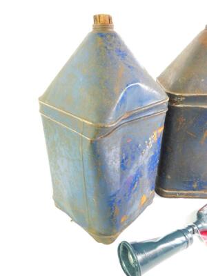 A pair of Tanks and Drums Ltd blue oil drums, of square form, one bearing traces of a label, 52cm high, together with a car horn, 36cm wide. (3) - 3