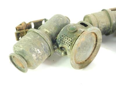 Three Powell and Hanmer carbide bicycle lamps, and two further carbide bicycle lamps. (5) - 2